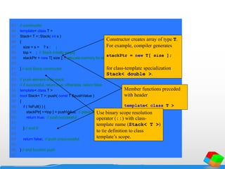 43 // constructor
44 template< class T >
45 Stack< T >::Stack( int s )
46 {
47 size = s > 0 ? s : 10;
48 top = -1; // Stack initially empty
49 stackPtr = new T[ size ]; // allocate memory for elements
50
51 } // end Stack constructor
52
53 // push element onto stack;
54 // if successful, return true; otherwise, return false
55 template< class T >
56 bool Stack< T >::push( const T &pushValue )
57 {
58 if ( !isFull() ) {
59 stackPtr[ ++top ] = pushValue; // place item on Stack
60 return true; // push successful
61
62 } // end if
63
64 return false; // push unsuccessful
65
66 } // end function push
67
Member functions preceded
with header
template< class T >
Use binary scope resolution
operator (::) with class-
template name (Stack< T >)
to tie definition to class
template’s scope.
Constructor creates array of type T.
For example, compiler generates
stackPtr = new T[ size ];
for class-template specialization
Stack< double >.
 