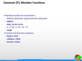 Common STL Member Functions
 Member functions for all containers
 Default constructor, copy constructor, destructor
 empty
 max_size, size
 = < <= > >= == !=
 swap
 Functions for first-class containers
 begin, end
 rbegin, rend
 erase, clear
 