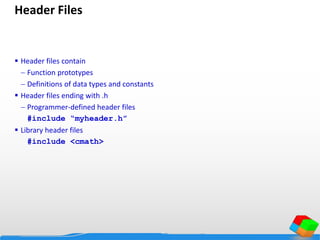 Header Files
 Header files contain
 Function prototypes
 Definitions of data types and constants
 Header files ending with .h
 Programmer-defined header files
#include “myheader.h”
 Library header files
#include <cmath>
 