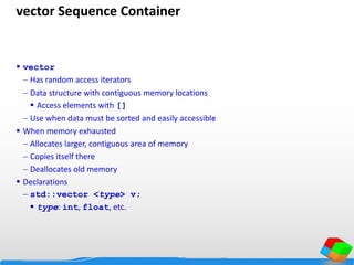 vector Sequence Container
 vector
 Has random access iterators
 Data structure with contiguous memory locations
 Access elements with []
 Use when data must be sorted and easily accessible
 When memory exhausted
 Allocates larger, contiguous area of memory
 Copies itself there
 Deallocates old memory
 Declarations
 std::vector <type> v;
 type: int, float, etc.
 