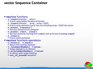 vector Sequence Container
 vector functions
 v.insert(iterator, value )
 Inserts value before location of iterator
 v.insert(iterator, array , array + SIZE)
 Inserts array elements (up to, but not including array + SIZE) into vector
 v.erase( iterator )
 Remove element from container
 v.erase( iter1, iter2 )
 Remove elements starting from iter1 and up to (not including) iter2
 v.clear()
 Erases entire container
 vector functions operations
 v.front(), v.back()
 Return first and last element
 v.[elementNumber] = value;
 Assign value to an element
 v.at[elementNumber] = value;
 As above, with range checking
 out_of_bounds exception
 