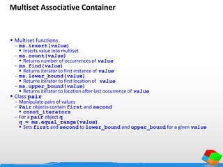 Multiset Associative Container
 Multiset functions
 ms.insert(value)
 Inserts value into multiset
 ms.count(value)
 Returns number of occurrences of value
 ms.find(value)
 Returns iterator to first instance of value
 ms.lower_bound(value)
 Returns iterator to first location of value
 ms.upper_bound(value)
 Returns iterator to location after last occurrence of value
 Class pair
 Manipulate pairs of values
 Pair objects contain first and second
 const_iterators
 For a pair object q
q = ms.equal_range(value)
 Sets first and second to lower_bound and upper_bound for a given value
 