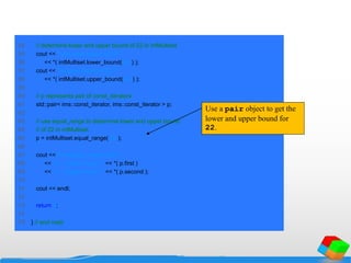 54 // determine lower and upper bound of 22 in intMultiset
55 cout << "nnLower bound of 22: "
56 << *( intMultiset.lower_bound( 22 ) );
57 cout << "nUpper bound of 22: "
58 << *( intMultiset.upper_bound( 22 ) );
59
60 // p represents pair of const_iterators
61 std::pair< ims::const_iterator, ims::const_iterator > p;
62
63 // use equal_range to determine lower and upper bound
64 // of 22 in intMultiset
65 p = intMultiset.equal_range( 22 );
66
67 cout << "nnequal_range of 22:"
68 << "n Lower bound: " << *( p.first )
69 << "n Upper bound: " << *( p.second );
70
71 cout << endl;
72
73 return 0;
74
75 } // end main
Use a pair object to get the
lower and upper bound for
22.
 