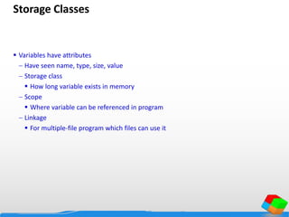 Storage Classes
 Variables have attributes
 Have seen name, type, size, value
 Storage class
 How long variable exists in memory
 Scope
 Where variable can be referenced in program
 Linkage
 For multiple-file program which files can use it
 