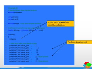 1 // Example 85
2 // Standard library class map test program.
3 #include <iostream>
4
5 using std::cout;
6 using std::endl;
7
8 #include <map> // map class-template definition
9
10 // define short name for map type used in this program
11 typedef std::map< int, double, std::less< int > > mid;
12
13 int main()
14 {
15 mid pairs;
16
17 // insert eight value_type objects in pairs
18 pairs.insert( mid::value_type( 15, 2.7 ) );
19 pairs.insert( mid::value_type( 30, 111.11 ) );
20 pairs.insert( mid::value_type( 5, 1010.1 ) );
21 pairs.insert( mid::value_type( 10, 22.22 ) );
22 pairs.insert( mid::value_type( 25, 33.333 ) );
23 pairs.insert( mid::value_type( 5, 77.54 ) ); // dupe ignored
24 pairs.insert( mid::value_type( 20, 9.345 ) );
25 pairs.insert( mid::value_type( 15, 99.3 ) ); // dupe ignored
26
Again, use typedefs to
simplify declaration.
Duplicate keys ignored.
 