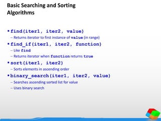 Basic Searching and Sorting
Algorithms
 find(iter1, iter2, value)
 Returns iterator to first instance of value (in range)
 find_if(iter1, iter2, function)
 Like find
 Returns iterator when function returns true
 sort(iter1, iter2)
 Sorts elements in ascending order
 binary_search(iter1, iter2, value)
 Searches ascending sorted list for value
 Uses binary search
 