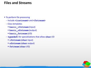 Files and Streams
 To perform file processing
 Include <iostream> and <fstream>
 Class templates
 basic_ifstream (input)
 basic_ofstream (output)
 basic_fstream (I/O)
 typedefs for specializations that allow char I/O
 ifstream (char input)
 ofstream (char output)
 fstream (char I/O)
 