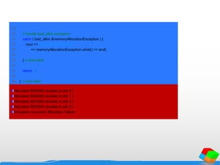 29
30 // handle bad_alloc exception
31 catch ( bad_alloc &memoryAllocationException ) {
32 cout << "Exception occurred: "
33 << memoryAllocationException.what() << endl;
34
35 } // end catch
36
37 return 0;
38
39 } // end main
Allocated 5000000 doubles in ptr[ 0 ]
Allocated 5000000 doubles in ptr[ 1 ]
Allocated 5000000 doubles in ptr[ 2 ]
Allocated 5000000 doubles in ptr[ 3 ]
Exception occurred: Allocation Failure
 