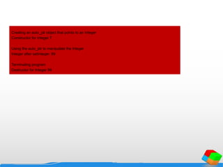 Creating an auto_ptr object that points to an Integer
Constructor for Integer 7
Using the auto_ptr to manipulate the Integer
Integer after setInteger: 99
Terminating program
Destructor for Integer 99
 