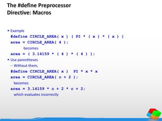 The #define Preprocessor
Directive: Macros
 Example
#define CIRCLE_AREA( x ) ( PI * ( x ) * ( x ) )
area = CIRCLE_AREA( 4 );
becomes
area = ( 3.14159 * ( 4 ) * ( 4 ) );
 Use parentheses
 Without them,
#define CIRCLE_AREA( x ) PI * x * x
area = CIRCLE_AREA( c + 2 );
becomes
area = 3.14159 * c + 2 * c + 2;
which evaluates incorrectly
 