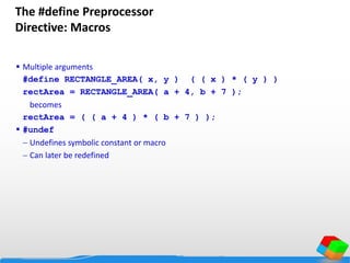 The #define Preprocessor
Directive: Macros
 Multiple arguments
#define RECTANGLE_AREA( x, y ) ( ( x ) * ( y ) )
rectArea = RECTANGLE_AREA( a + 4, b + 7 );
becomes
rectArea = ( ( a + 4 ) * ( b + 7 ) );
 #undef
 Undefines symbolic constant or macro
 Can later be redefined
 