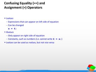Confusing Equality (==) and
Assignment (=) Operators
 Lvalues
 Expressions that can appear on left side of equation
 Can be changed
x = 4;
 Rvalues
 Only appear on right side of equation
 Constants, such as numbers (i.e. cannot write 4 = x;)
 Lvalues can be used as rvalues, but not vice versa
 