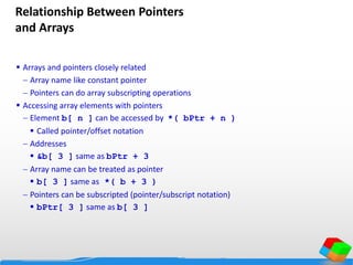 Relationship Between Pointers
and Arrays
 Arrays and pointers closely related
 Array name like constant pointer
 Pointers can do array subscripting operations
 Accessing array elements with pointers
 Element b[ n ] can be accessed by *( bPtr + n )
 Called pointer/offset notation
 Addresses
 &b[ 3 ] same as bPtr + 3
 Array name can be treated as pointer
 b[ 3 ] same as *( b + 3 )
 Pointers can be subscripted (pointer/subscript notation)
 bPtr[ 3 ] same as b[ 3 ]
 