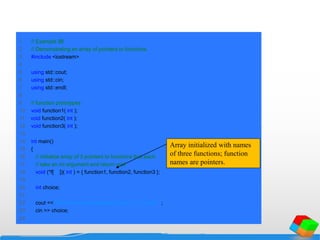 1 // Example 98
2 // Demonstrating an array of pointers to functions.
3 #include <iostream>
4
5 using std::cout;
6 using std::cin;
7 using std::endl;
8
9 // function prototypes
10 void function1( int );
11 void function2( int );
12 void function3( int );
13
14 int main()
15 {
16 // initialize array of 3 pointers to functions that each
17 // take an int argument and return void
18 void (*f[ 3 ])( int ) = { function1, function2, function3 };
19
20 int choice;
21
22 cout << "Enter a number between 0 and 2, 3 to end: ";
23 cin >> choice;
24
Array initialized with names
of three functions; function
names are pointers.
 