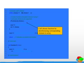 25 // process user's choice
26 while ( choice >= 0 && choice < 3 ) {
27
28 // invoke function at location choice in array f
29 // and pass choice as an argument
30 (*f[ choice ])( choice );
31
32 cout << "Enter a number between 0 and 2, 3 to end: ";
33 cin >> choice;
34 }
35
36 cout << "Program execution completed." << endl;
37
38 return 0; // indicates successful termination
39
40 } // end main
41
42 void function1( int a )
43 {
44 cout << "You entered " << a
45 << " so function1 was callednn";
46
47 } // end function1
48
Call chosen function by
dereferencing corresponding
element in array.
 