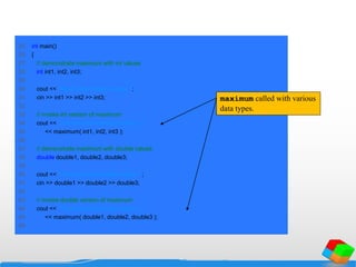 25 int main()
26 {
27 // demonstrate maximum with int values
28 int int1, int2, int3;
29
30 cout << "Input three integer values: ";
31 cin >> int1 >> int2 >> int3;
32
33 // invoke int version of maximum
34 cout << "The maximum integer value is: "
35 << maximum( int1, int2, int3 );
36
37 // demonstrate maximum with double values
38 double double1, double2, double3;
39
40 cout << "nnInput three double values: ";
41 cin >> double1 >> double2 >> double3;
42
43 // invoke double version of maximum
44 cout << "The maximum double value is: "
45 << maximum( double1, double2, double3 );
46
maximum called with various
data types.
 