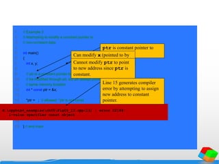 1 // Example 3
2 // Attempting to modify a constant pointer to
3 // non-constant data.
4
5 int main()
6 {
7 int x, y;
8
9 // ptr is a constant pointer to an integer that can
10 // be modified through ptr, but ptr always points to the
11 // same memory location.
12 int * const ptr = &x;
13
14 *ptr = 7; // allowed: *ptr is not const
15 ptr = &y; // error: ptr is const; cannot assign new address
16
17 return 0; // indicates successful termination
18
19 } // end main
d:cpphtp4_examplesch05Fig05_13.cpp(15) : error C2166:
l-value specifies const object
ptr is constant pointer to
integer.Can modify x (pointed to by
ptr) since x not constant.Cannot modify ptr to point
to new address since ptr is
constant.
Line 15 generates compiler
error by attempting to assign
new address to constant
pointer.
 