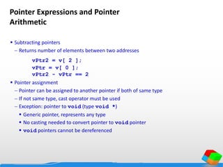 Pointer Expressions and Pointer
Arithmetic
 Subtracting pointers
 Returns number of elements between two addresses
vPtr2 = v[ 2 ];
vPtr = v[ 0 ];
vPtr2 - vPtr == 2
 Pointer assignment
 Pointer can be assigned to another pointer if both of same type
 If not same type, cast operator must be used
 Exception: pointer to void (type void *)
 Generic pointer, represents any type
 No casting needed to convert pointer to void pointer
 void pointers cannot be dereferenced
 