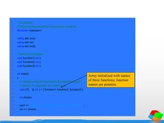 1 // Example 6
2 // Demonstrating an array of pointers to functions.
3 #include <iostream>
4
5 using std::cout;
6 using std::cin;
7 using std::endl;
8
9 // function prototypes
10 void function1( int );
11 void function2( int );
12 void function3( int );
13
14 int main()
15 {
16 // initialize array of 3 pointers to functions that each
17 // take an int argument and return void
18 void (*f[ 3 ])( int ) = { function1, function2, function3 };
19
20 int choice;
21
22 cout << "Enter a number between 0 and 2, 3 to end: ";
23 cin >> choice;
24
Array initialized with names
of three functions; function
names are pointers.
 