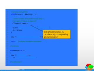 25 // process user's choice
26 while ( choice >= 0 && choice < 3 ) {
27
28 // invoke function at location choice in array f
29 // and pass choice as an argument
30 (*f[ choice ])( choice );
31
32 cout << "Enter a number between 0 and 2, 3 to end: ";
33 cin >> choice;
34 }
35
36 cout << "Program execution completed." << endl;
37
38 return 0; // indicates successful termination
39
40 } // end main
41
42 void function1( int a )
43 {
44 cout << "You entered " << a
45 << " so function1 was callednn";
46
47 } // end function1
48
Call chosen function by
dereferencing corresponding
element in array.
 