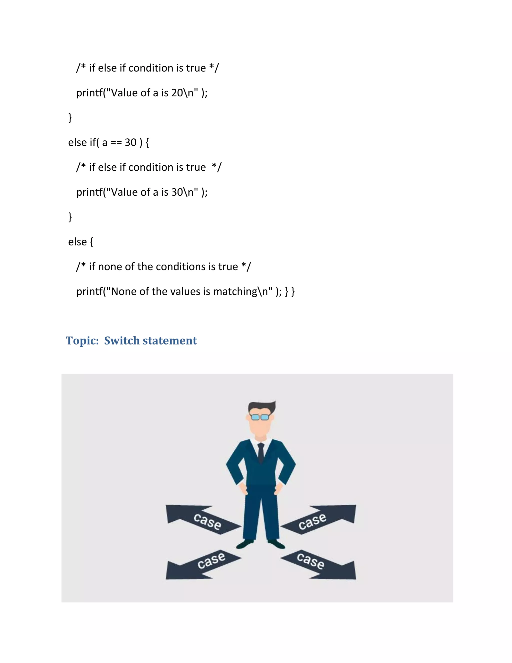 /* if else if condition is true */
printf("Value of a is 20n" );
}
else if( a == 30 ) {
/* if else if condition is true */
printf("Value of a is 30n" );
}
else {
/* if none of the conditions is true */
printf("None of the values is matchingn" ); } }
Topic: Switch statement
 