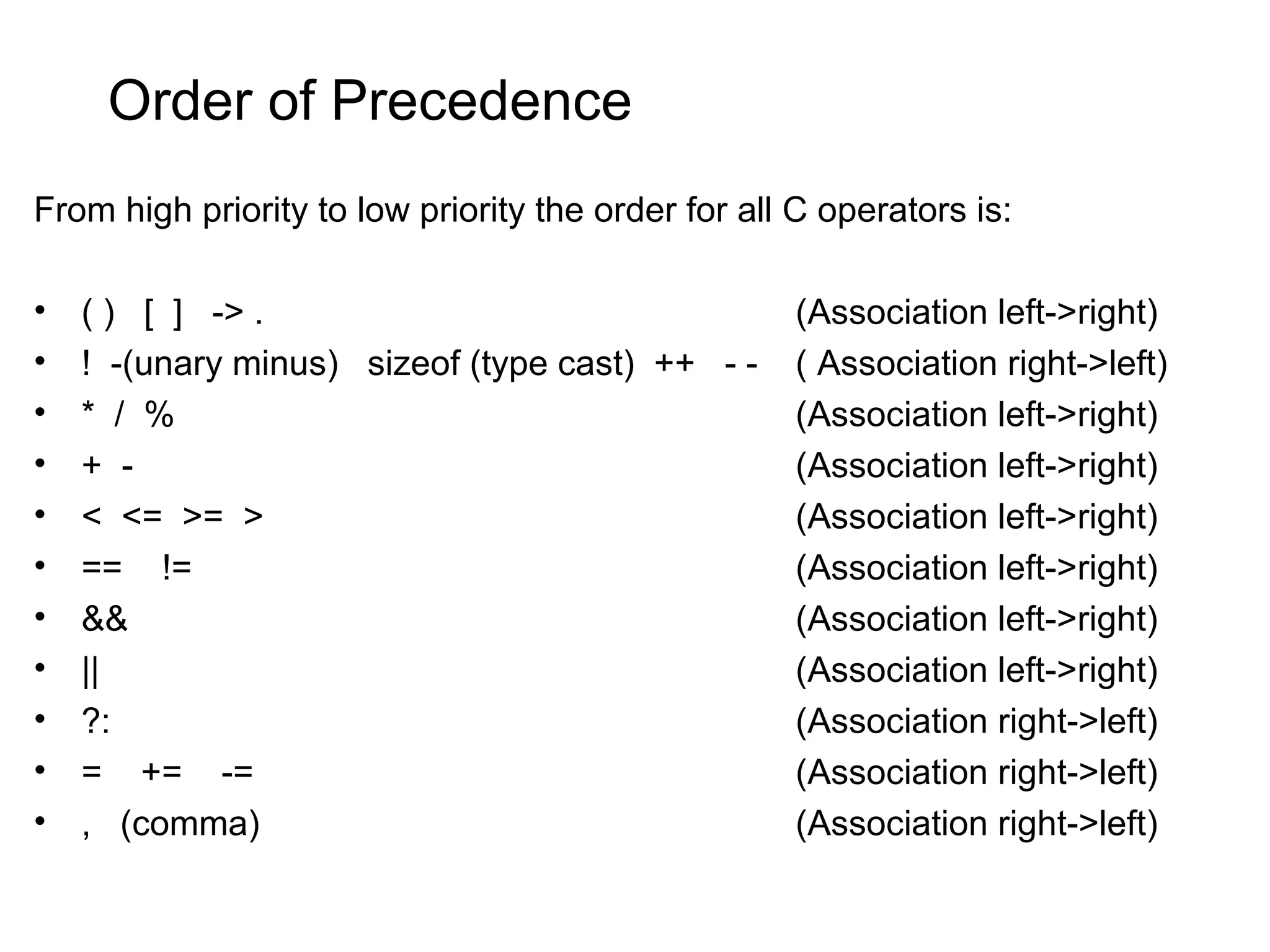 Order of Precedence From high priority to low priority the order for all C operators is: • ( ) [ ] -> . (Association left->right) • ! -(unary minus) sizeof (type cast) ++ - - ( Association right->left) • * / % (Association left->right) • + - (Association left->right) • < <= >= > (Association left->right) • == != (Association left->right) • && (Association left->right) • || (Association left->right) • ?: (Association right->left) • = += -= (Association right->left) • , (comma) (Association right->left) 