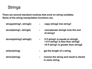 Strings
There are several standard routines that work on string variables.
Some of the string manipulation functions are,
strcpy(string1, string2); - copy string2 into string1
strcat(string1, string2); - concatenate string2 onto the end
of string1
strcmp(string1,string2); - 0 if string1 is equals to string2,
< 0 if string1 is less than string2
>0 if string1 is greater than string2
strlen(string) - get the length of a string.
strrev(string) - reverse the string and result is stored
in same string.
 