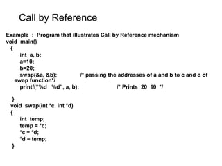 Call by Reference
Example : Program that illustrates Call by Reference mechanism
void main()
{
int a, b;
a=10;
b=20;
swap(&a, &b); /* passing the addresses of a and b to c and d of
swap function*/
printf(“%d %d”, a, b); /* Prints 20 10 */
}
void swap(int *c, int *d)
{
int temp;
temp = *c;
*c = *d;
*d = temp;
}
 