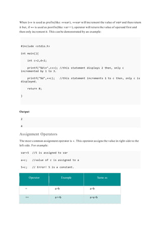 When i++ is used as prefix(like: ++var), ++var will increment the value of var and then return
it but, if ++ is used as postfix(like: var++), operator will return the value of operand first and
then only increment it. This can be demonstrated by an example:
#include <stdio.h>
int main(){
int c=2,d=2;
printf("%dn",c++); //this statement displays 2 then, only c
incremented by 1 to 3.
printf("%d",++c); //this statement increments 1 to c then, only c is
displayed.
return 0;
}
Output
2
4
Assignment Operators
The most common assignment operator is =. This operator assigns the value in right side to the
left side. For example:
var=5 //5 is assigned to var
a=c; //value of c is assigned to a
5=c; // Error! 5 is a constant.
Operator Example Same as
= a=b a=b
+= a+=b a=a+b
 