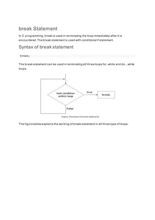 break Statement
In C programming, break is used in terminating the loop immediately after it is
encountered. The break statement is used with conditional if statement.
Syntax of break statement
break;
The break statement can be used in terminating all three loops for, while and do...while
loops.
The figure below explains the working of break statement in all three type of loops.
 