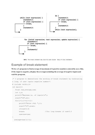 Example of break statement
Write a C program to find average of maximum of n positive numbers entered by user. But,
if the input is negative, display the average(excluding the average of negative input) and
end the program.
/* C program to demonstrate the working of break statement by terminating
a loop, if user inputs negative number*/
# include <stdio.h>
int main(){
float num,average,sum;
int i,n;
printf("Maximum no. of inputsn");
scanf("%d",&n);
for(i=1;i<=n;++i){
printf("Enter n%d: ",i);
scanf("%f",&num);
if(num<0.0)
break; //for loop breaks if num<0.0
sum=sum+num;
}
average=sum/(i-1);
 