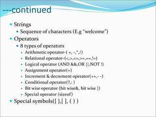 ---continued
 Strings
 Sequence of characters (E.g “welcome”)
 Operators
 8 types of operators
 Arithmetic operator-( +, -,*,/)
 Relational operator-(<,>,<=,>=,==,!=)
 Logical operator (AND &&,OR ||,NOT !)
 Assignment operator(=)
 Increment & decrement operator(++,- -)
 Conditional operator(?,: )
 Bit wise operator (bit wise&, bit wise |)
 Special operator (sizeof)
 Special symbols({ },[ ], ( ) )
 