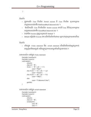 C++ Programming
Lecturer : Heng Bora Page 15
}
ចំ ំ៖
− កនុងករណ
ី Case ទី១ពិត Switch execute ពី Case ទី១ពិត ចុះមកេ្រកម
លទធផលរបស់ គឺ៖ RedGreenBlueUnknownColor ។
− ែតេបើករណ
ី Case ទី១មិនពិត Switch execute ចប់ពី Case ទីពីរចុះមកេ្រកម
លទធផលរបស់ គឺ៖ GreenBlueUnknownColor ។
− េនែត Execute ដូេចនះរហូតដល់ Default ។
− Default េទៀងែត Execute េទះេបើ មិនពិតក៏េ យ េ្រពះ ចុងេ្រកយេគេហើយ
ចំ ំ៖
− ទំងកនុង if-else statement និង switch statement េបើេយើងមិនចង់ឲយ ្របកន់
អក រតូចនិងអក រធំ េយើង្រតូវ្របកសអក រទំងពីរ្របេភទេនះ។
ឧទហរណ
៍ ៖ េនកនុង if-else statement
#include<iostream.h>
#include<conio.h>
void main(){
clrscr();
char ch = ‘R’;
if (ch = = ‘R’ ¦¦ ch = = ‘r’)
cout<<“Red”;
else if (ch = = ‘G’ ¦¦ ch = = ‘g’)
cout<<“Green”;
else if (ch = = ‘B’ ¦¦ ch = = ‘b’)
cout<<“Blue”;
else
cout<<“Unknown Color”;
getch();
}
ឧទហរណ
៍ ៖ េនកនុង switch statement
#include<iostream.h>
#include<conio.h>
void main(){
clrscr();
char ch = ‘R’;
switch(ch){
case ‘R’:
case ‘r’:
 