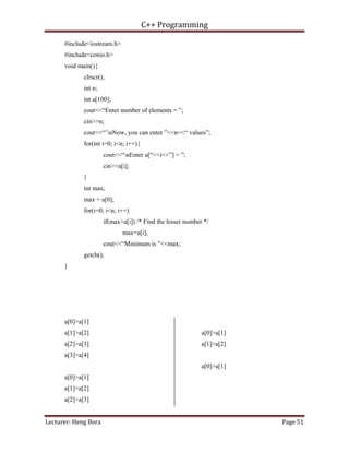 C++ Programming
Lecturer: Heng Bora Page 51
#include<iostream.h>
#include<conio.h>
void main(){
clrscr();
int n;
int a[100];
cout<<“Enter number of elements = ”;
cin>>n;
cout<<“’nNow, you can enter ”<<n<<“ values”;
for(int i=0; i<n; i++){
cout<<“nEnter a[“<<i<<”] = ”;
cin>>a[i];
}
int max;
max = a[0];
for(i=0; i<n; i++)
if(max>a[i]) /* Find the lesser number */
max=a[i];
cout<<“Minimum is ”<<max;
getch();
}
a[0]>a[1]
a[1]>a[2]
a[2]>a[3]
a[3]>a[4]
a[0]>a[1]
a[1]>a[2]
a[2]>a[3]
a[0]>a[1]
a[1]>a[2]
a[0]>a[1]
 