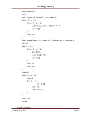 C++ Programming
Lecturer: Heng Bora Page 59
cout<<“Columns = ”;
cin>>c;
cout<<“nNow, you can enter ”<<r*c<<“ valuesn”;
for(int i=0; i<r; i++){
for(int j=0; j<c; j++){
cout<<“nEnter a[“<<i<<”][“<<j<<”] = ”;
cin>>a[i][j];
}
cout<<endl;
}
cout<<“Display Table ”<<r<<“Rows ”<<c<<“Columns and its calculation n”;
int cal=0;
for(i=0; i<r; i++){
for(int j=0; j<c; j++){
delay(1000);
cout<<a[i][j]<< “t”;
cal+=a[i][j];
}
cout<<cal;
cout<<endl;
}
int total=0;
for(int j=0; j<c; j++){
int cal=0
for(i=0; i<r; i++){
cal+=a[i][j];
total+=cal;
cout<<cal<<“t”;
}
}
cout<<total;
getch();
}
#include<iostream.h>
 