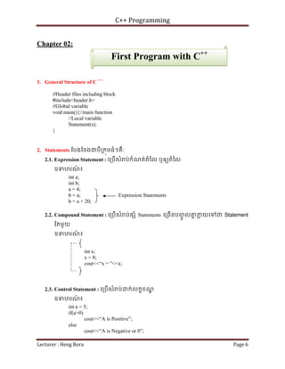 C++ Programming
Lecturer : Heng Bora Page 6
Chapter 02:
1. General Structure of C + +
//Header files including block
#include<header.h>
//Global variable
void main(){//main function
//Local variable
Statement(s);
}
2. Statements ែបងែចងជបី្រកុមធំៗគឺ:
2.1. Expression Statement : េ្របើសំ ប់កំណត់តំៃល ឬឲយតំៃល
ឧទហរណ
៍ ៖
int a;
int b;
a = 4;
b = a; Expression Statements
b = a + 20;
2.2. Compound Statement : េ្របើសំ ប់ផ ំ Statements េ្រចើនបញ
ចូ លគ
ន ក
្ល យេទជ Statement
ែតមួយ
ឧទហរណ
៍ ៖
int x;
x = 8;
cout<<“x = ”<<x;
2.3. Control Statement : េ្របើសំ ប់ ក់លកខខណ
្ឌ
ឧទហរណ
៍ ៖
int a = 5;
if(a>0)
cout<<“A is Positive”;
else
cout<<“A is Negative or 0”;
First Program with C++
 