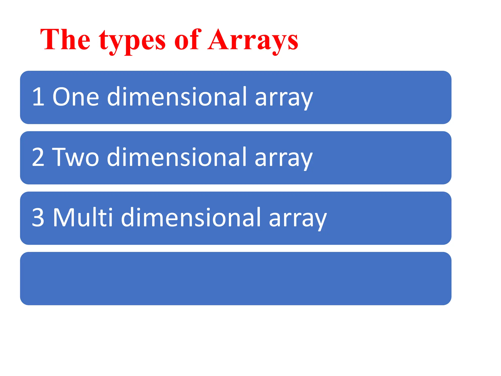 The types of Arrays
1 One dimensional array
2 Two dimensional array
3 Multi dimensional array
 