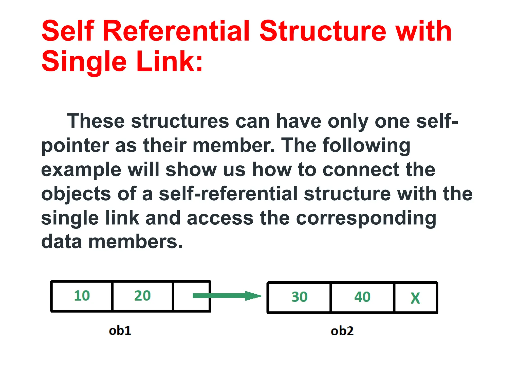 Self Referential Structure with
Single Link:
These structures can have only one self-
pointer as their member. The following
example will show us how to connect the
objects of a self-referential structure with the
single link and access the corresponding
data members.
 