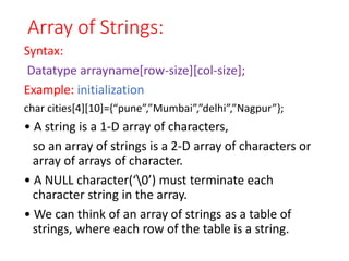 Array of Strings:
Syntax:
Datatype arrayname[row-size][col-size];
Example: initialization
char cities[4][10]={“pune”,”Mumbai”,”delhi”,”Nagpur”};
• A string is a 1-D array of characters,
so an array of strings is a 2-D array of characters or
array of arrays of character.
• A NULL character(‘0’) must terminate each
character string in the array.
• We can think of an array of strings as a table of
strings, where each row of the table is a string.
 