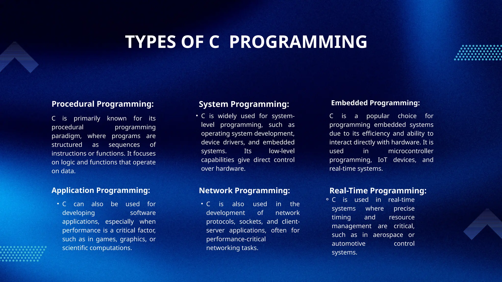TYPES OF C PROGRAMMING
Application Programming:
• C can also be used for
developing software
applications, especially when
performance is a critical factor,
such as in games, graphics, or
scientific computations.
Network Programming:
• C is also used in the
development of network
protocols, sockets, and client-
server applications, often for
performance-critical
networking tasks.
Procedural Programming:
C is primarily known for its
procedural programming
paradigm, where programs are
structured as sequences of
instructions or functions. It focuses
on logic and functions that operate
on data.
System Programming:
• C is widely used for system-
level programming, such as
operating system development,
device drivers, and embedded
systems. Its low-level
capabilities give direct control
over hardware.
Real-Time Programming:
⚬ C is used in real-time
systems where precise
timing and resource
management are critical,
such as in aerospace or
automotive control
systems.
C is a popular choice for
programming embedded systems
due to its efficiency and ability to
interact directly with hardware. It is
used in microcontroller
programming, IoT devices, and
real-time systems.
Embedded Programming:
 
