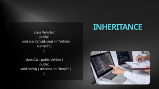 INHERITANCE
class Vehicle {
public:
void start() { std::cout << "Vehicle
started"; }
};
class Car : public Vehicle {
public:
void honk() { std::cout << "Beep!"; }
};
 