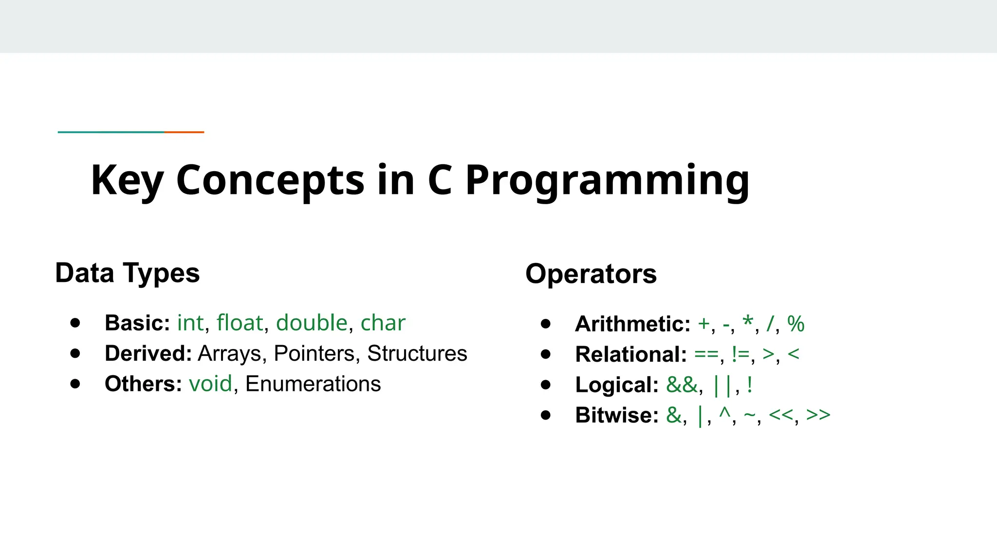Data Types ● Basic: int, float, double, char ● Derived: Arrays, Pointers, Structures ● Others: void, Enumerations Key Concepts in C Programming Operators ● Arithmetic: +, -, *, /, % ● Relational: ==, !=, >, < ● Logical: &&, ||, ! ● Bitwise: &, |, ^, ~, <<, >> 