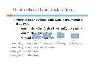 User defined type declaration…
 Another user-defined data type is enumerated
data type
enum identifier {value1, value2, …valuen};
enum identifier v1, v2, …vn;
v1=value3; v2=valuen;
enum day {Monday, Tuesday, Friday, Sunday};
enum day week_st, week_end;
week_st = Monday;
week_end = Sunday;
0
1 2 3
 