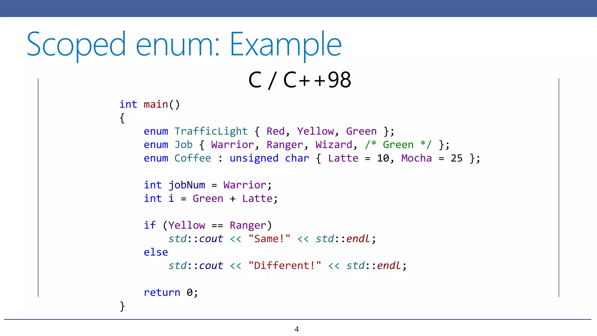 int main()
{
enum TrafficLight { Red, Yellow, Green };
enum Job { Warrior, Ranger, Wizard, /* Green */ };
enum Coffee : unsigned char { Latte = 10, Mocha = 25 };
int jobNum = Warrior;
int i = Green + Latte;
if (Yellow == Ranger)
std::cout << "Same!" << std::endl;
else
std::cout << "Different!" << std::endl;
return 0;
}
C / C++98
4
 