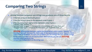 Comparing Two Strings
 strcmp function compares two strings and produces one of three results:
 if the two string are identical it gives 0
 if the first string is lower in the alphabetic order it gives -1
 if the second string is higher in the alphabetic order it gives 1
“ahmed” and “ahmed” 0
“ahmed” and “amgad” -1 because the second letter „h‟ is less than „m‟
“maged” and “aya” 1 because the first letter „m‟ is greater than „a‟
strcmp differentiate between capital and small letters which means “MAGED” is
less than “ahmed”, because the ASCII code of the capital letters is lower than the ASCII
code of the small letters. To solve this problem you can change the case of both strings
to the same case then use strcmp function. Alternatively you can use stricmp
function which performs the
comparison independent on the string case
35
 