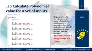 Lab:Calculate Polynomial
Value for a Set of Inputs
9
the program works
correctly, however it
appears that code size
contains many
repeated sections, each
section for each value. If
the number of values
increases code size
increases.
Alternative solve it
using Arrays and
Loops
 