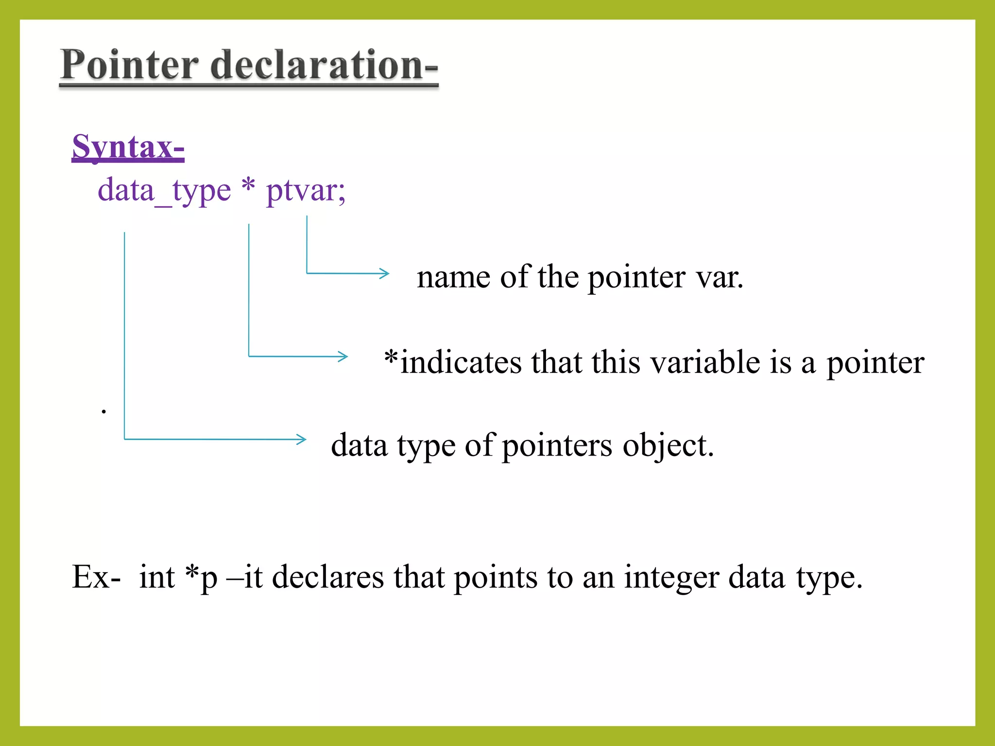 Syntax-
data_type * ptvar;
name of the pointer var.
*indicates that this variable is a pointer
.
data type of pointers object.
Ex- int *p –it declares that points to an integer data type.
 