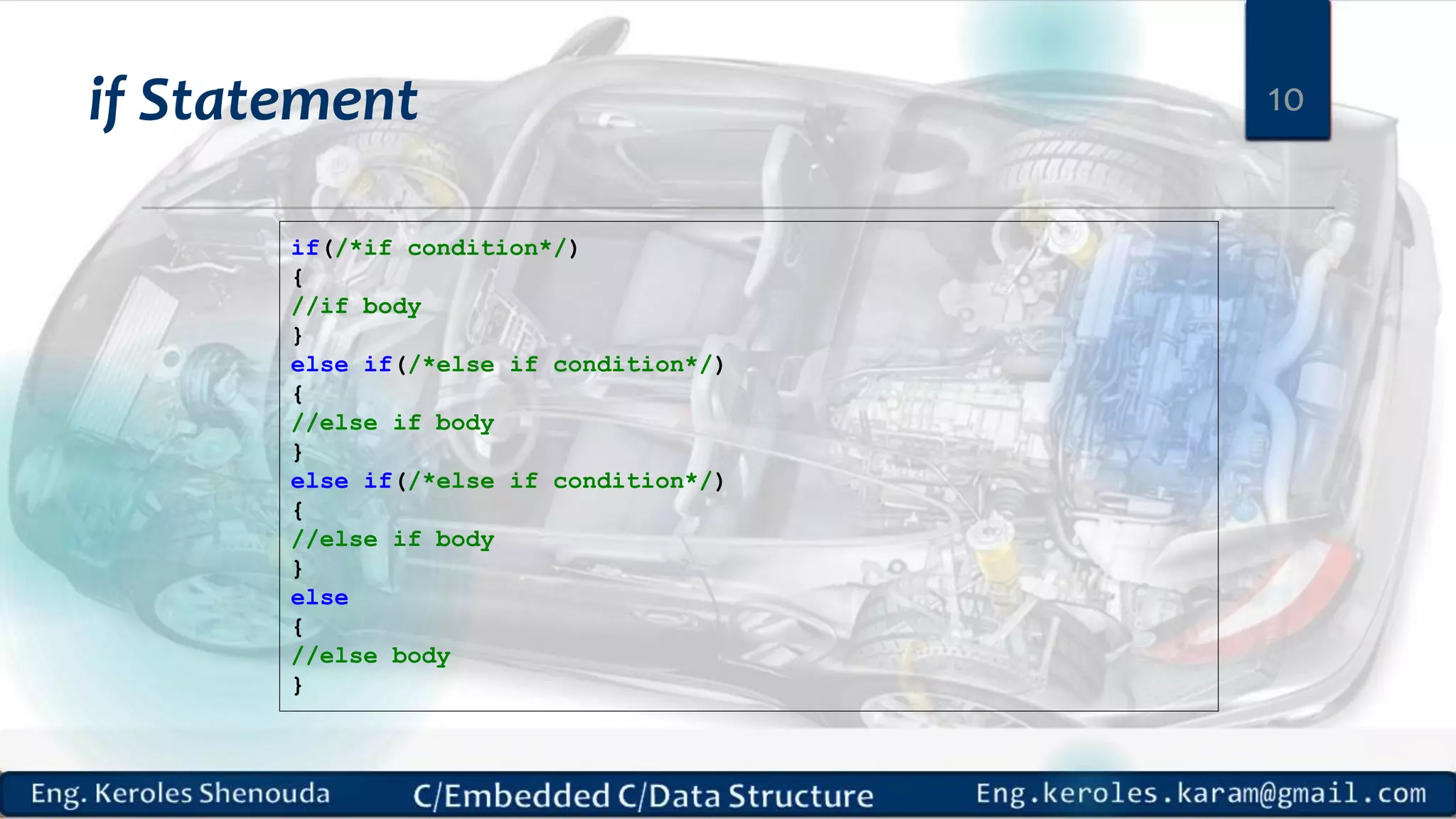 if Statement
if(/*if condition*/)
{
//if body
}
else if(/*else if condition*/)
{
//else if body
}
else if(/*else if condition*/)
{
//else if body
}
else
{
//else body
}
10
 