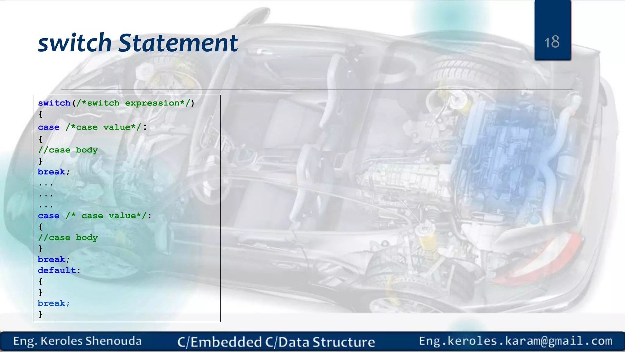 switch Statement
switch(/*switch expression*/)
{
case /*case value*/:
{
//case body
}
break;
...
...
...
case /* case value*/:
{
//case body
}
break;
default:
{
}
break;
}
18
 