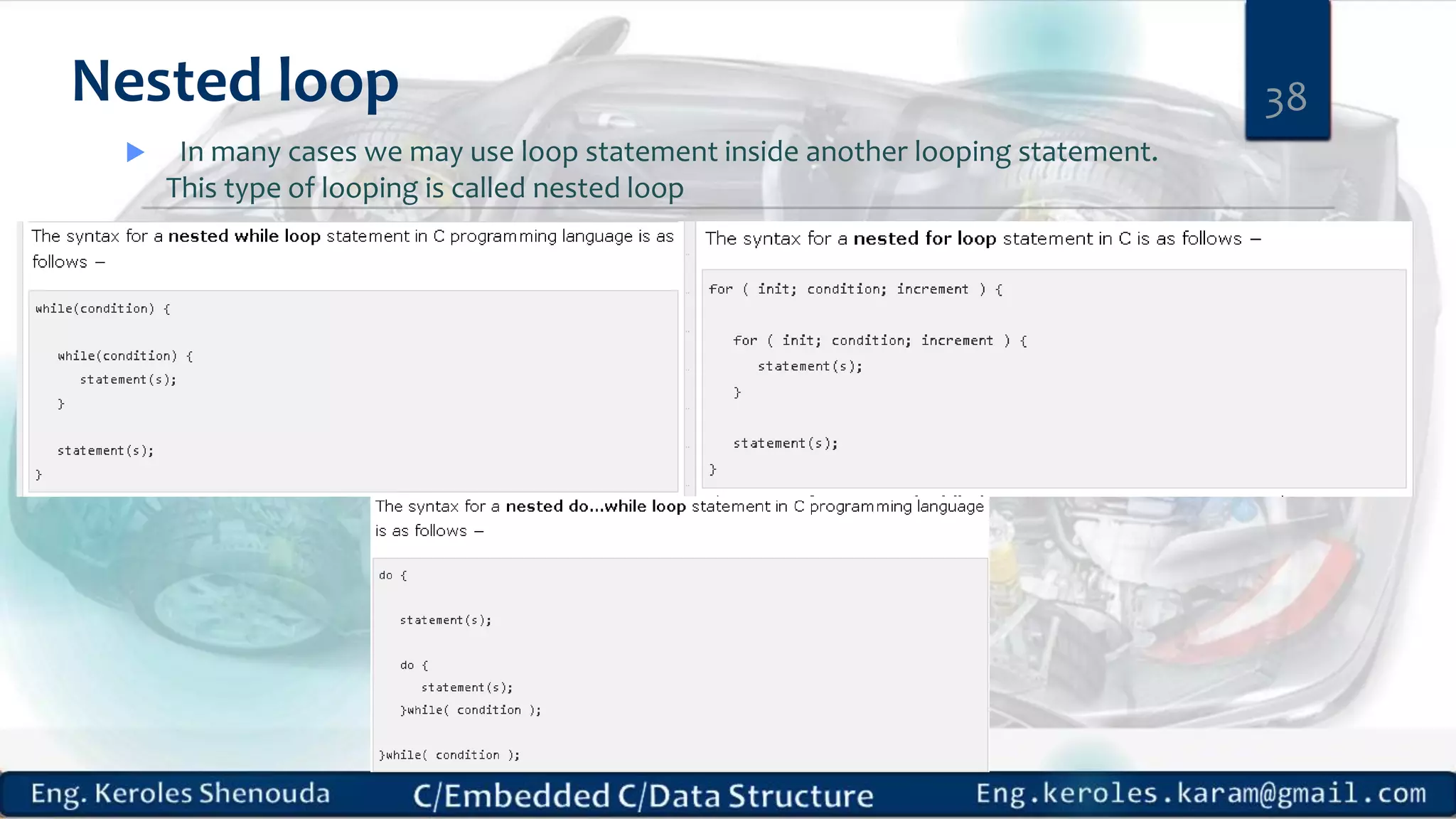 Nested loop
 In many cases we may use loop statement inside another looping statement.
This type of looping is called nested loop
38
 